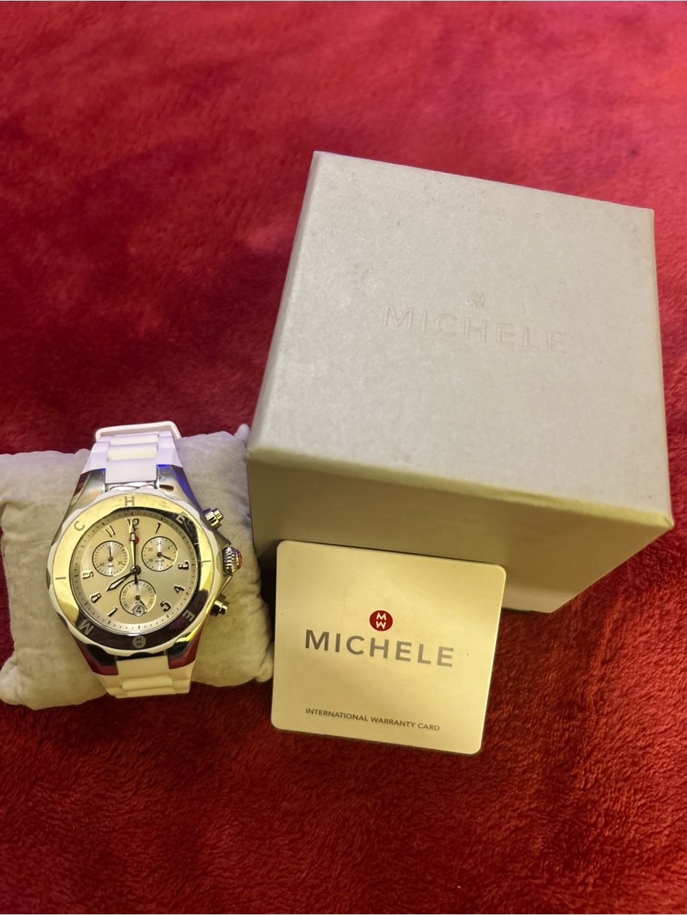 Michele Silver-Tone Chronograph Watch with White Bracelet